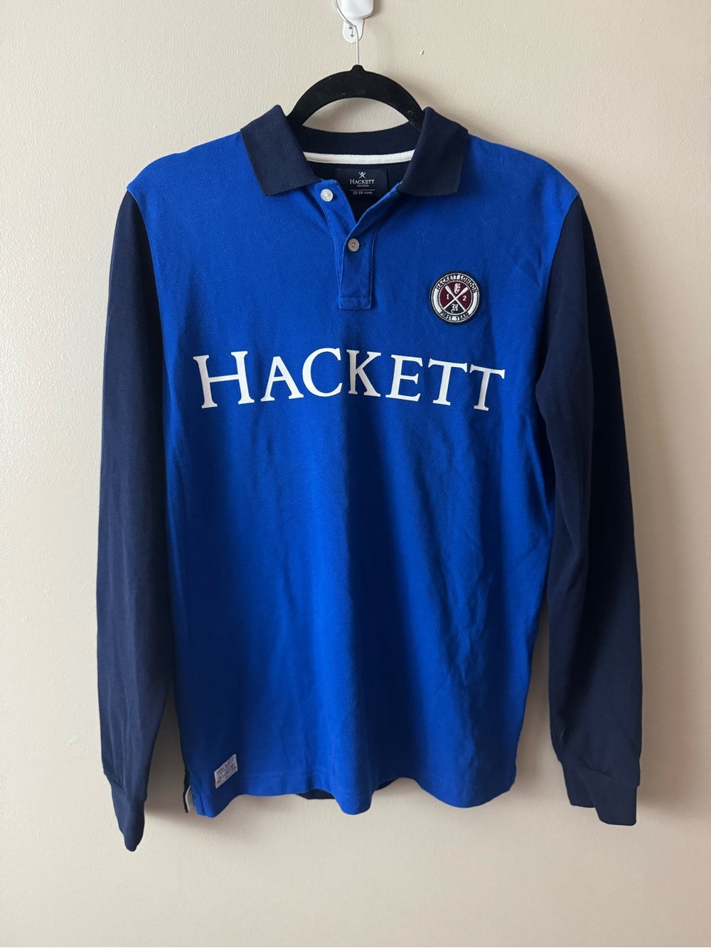 Hackett Royal Blue and Navy Long-Sleeve Rugby Polo Shirt Size 15-16 Years